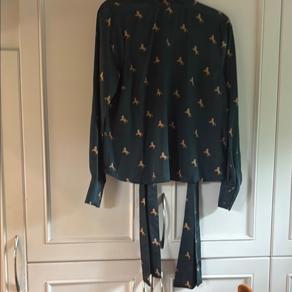 Forever 21 Satin texture Dark Green Blouse Gold colour Horse Print - Picture 2 of 5